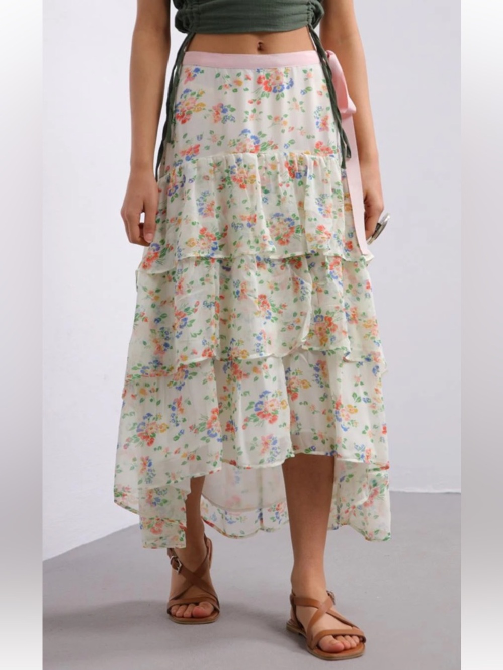 LoveShackFancy Adonis Floral Tiered silk high low Skirt